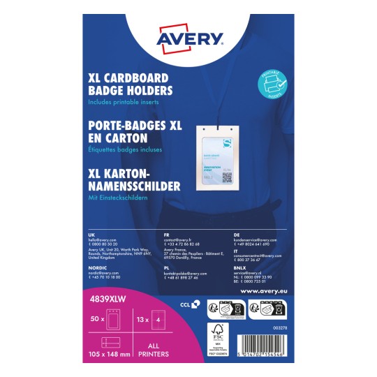 Sprednja stran embalaže Avery XL kartonskih nosilcev značk z vrvico za okoli vratu in vzorčno značko?