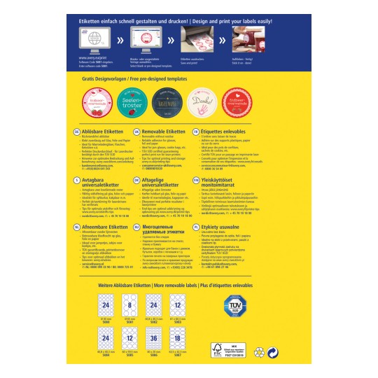 Slika je oglas za Avery etikete, ki prikazuje različne vrste odstranljivih in lepilnih etiket skupaj z oblikovalskimi predlogami. Vključuje navodila za enostavno oblikovanje in tiskanje etiket, skupaj s kontaktnimi informacijami za podporo strankam in seznam velikosti etiket.