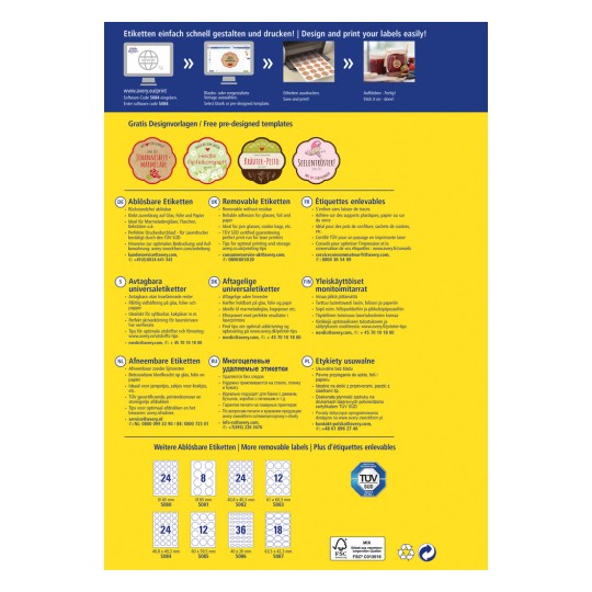 Slika prikazuje letak za Avery, ki predstavlja izdelke z nalepkami, predloge za oblikovanje in navodila za tiskanje v več jezikih, vključno z nemščino, francoščino, nizozemščino, ruščino in poljščino.