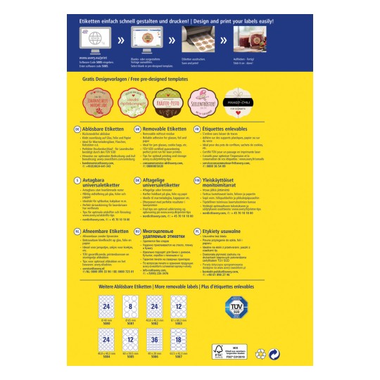 Ta slika je promocijski letak za Averyjeve odstranljive nalepke, ki prikazuje različne dizajne in predloge v več jezikih. Vsebuje navodila, kako načrtovati in tiskati nalepke, ter podrobnosti o različnih vrstah nalepk, ki so na voljo.