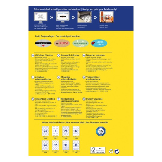 Informativna grafika o oblikovanju in tisku etiket, ki prikazuje različne vrste snemljivih etiket v več jezikih, poleg primerov predlog in kontaktnih podatkov.