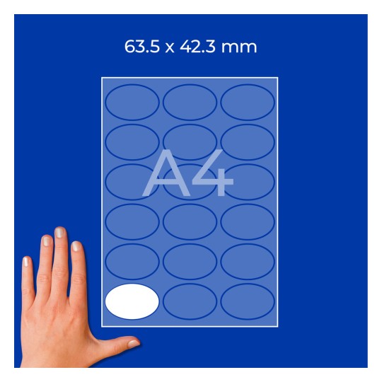 Mockup lista A4 s 24 ovalnimi nalepkami in roko v spodnjem levem kotu?