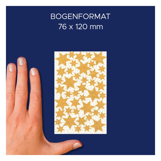 Slika prikazuje roko, ki drži list papirja, okrašen s številnimi zlatimi zvezdami na beli podlagi, velikost papirja pa je označena kot 76 x 120 mm, nad njim pa je prikazana beseda 'BOGENFORMAT'.