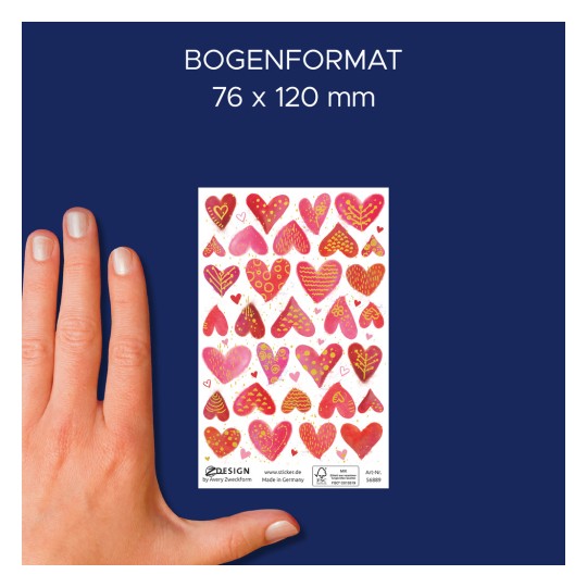 Primerjava velikosti z roko, artikel: 51043, en list komplet nalepk, format: 130 x 183 x 5 mm, barva: rdeča, roza, zlata.