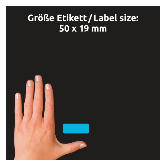 Primerjava velikosti z roko, artikel: 51047, en list barvnih etiket, format: 50 x 19 mm, barva: modra, rumena, neonsko zelena, neonsko oranžna, neonsko rdeča.
