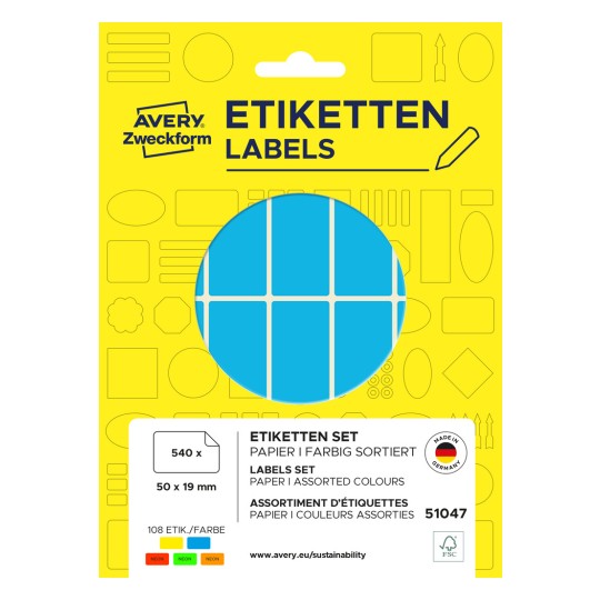 Slika paketa: Avery Zweckform univerzalne nalepke za ročno označevanje, članek: 51047, format: 50 x 19 mm, vsebina: 540 nalepk / 30 listov, 18 nalepk/list.