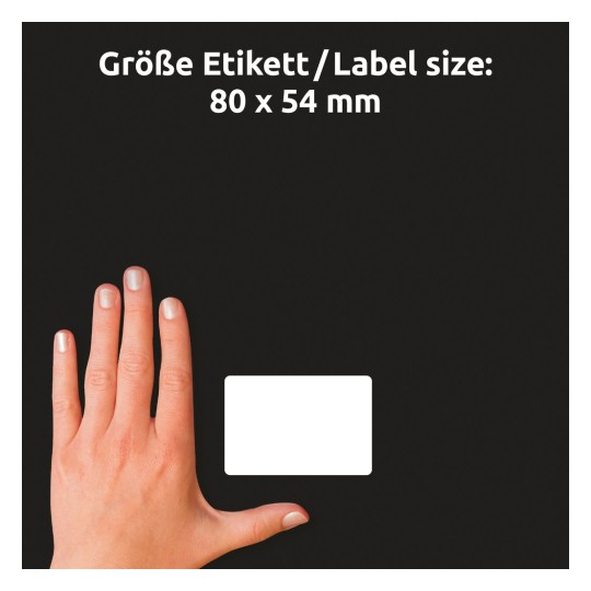 Primerjava velikosti z roko, artikel: 51063, en list nalepk z imeni, format: 80 x 54 mm, barva: bela.