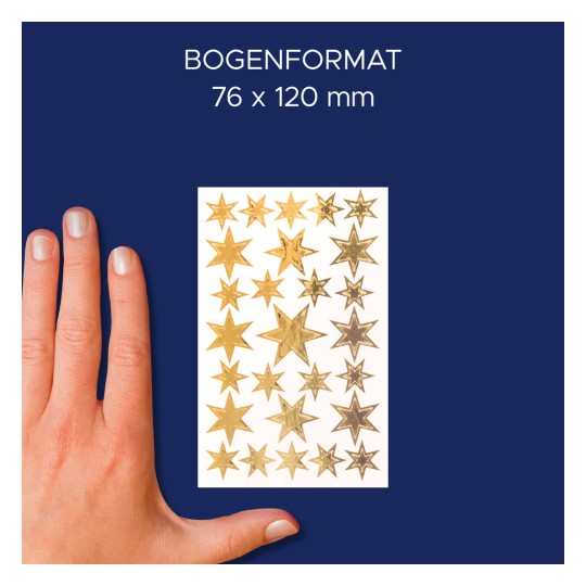 Primerjava velikosti z roko, artikel: 52252, en list božičnih nalepk, format: 85 x 160 mm, barva: zlata.