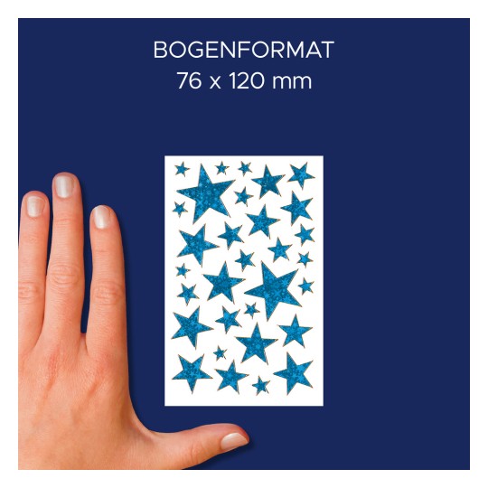Slika prikazuje roko poleg lista nalepk, ki vsebujejo zvezde različnih velikosti modre barve na beli podlagi. Dimenzije lista so 76 x 120 mm, kot je navedeno v besedilu nad nalepkami.