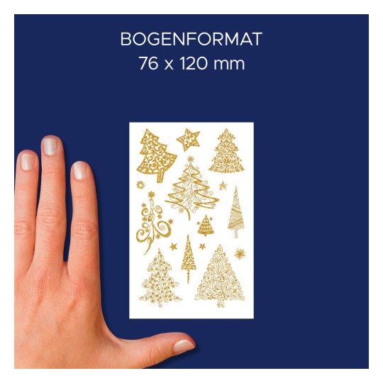 Velikostna primerjava z roko, artikel: 52273, en list božičnih nalepk, format: 85 x 160 mm, barva: zlata.