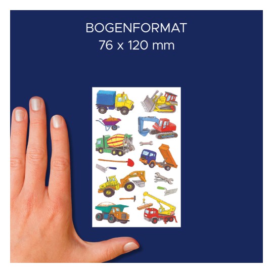 Slika prikazuje roko, ki drži kartico z različnimi gradbenimi vozili in orodji, z dimenzijami označenimi kot 76 x 120 mm.