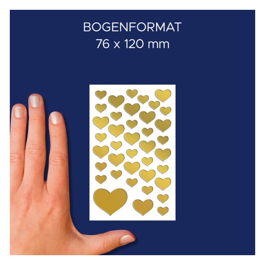 Primerjava velikosti z roko, artikel: 53282, en list dekorativnih nalepk, format: 85 x 160 mm, barva: zlata.