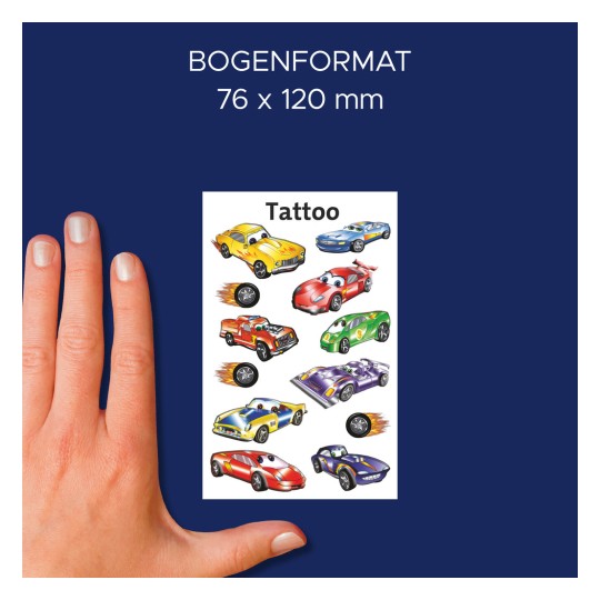 Slika prikazuje list s začasnimi tetovažami, ki prikazujejo različne barvite risane avtomobile. Velikost lista je navedena kot 76 x 120 mm.