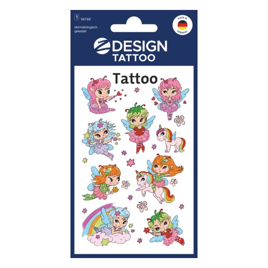 Embalaža: Z-Design, Artikel: 56768, Otroške tetovaže, 85 x 160 mm, Majhno pakiranje, 9 tetovaž / 1 list.