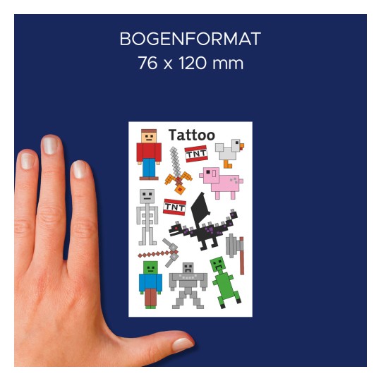 Primerjava velikosti z roko, artikel: 56771, en list otroških tetovaž, format: 85 x 160 mm, barva: pisana.