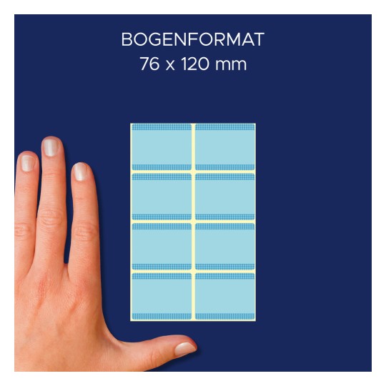 Slika prikazuje roko poleg modro-bele mreže z več pravokotnimi odseki. Besedilo prikazuje 'BOGENFORMAT 76 x 120 mm', kar nakazuje določeno velikost papirja ali nalepke.