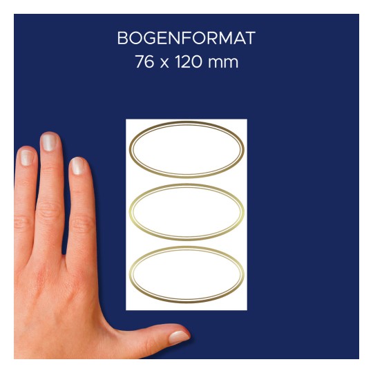 Slika prikazuje roko poleg treh ovalnih oblik z zlatim robom na temno modrem ozadju. Besedilo omenja format velikosti 76 x 120 mm.