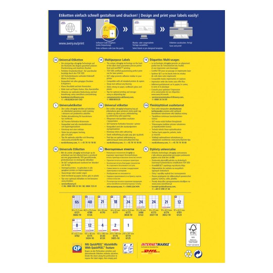 Slika prikazuje večjezični vodič za oblikovanje in tiskanje etiket, ki predstavlja različne tipe etiket, njihove značilnosti in nasvete za tiskanje.