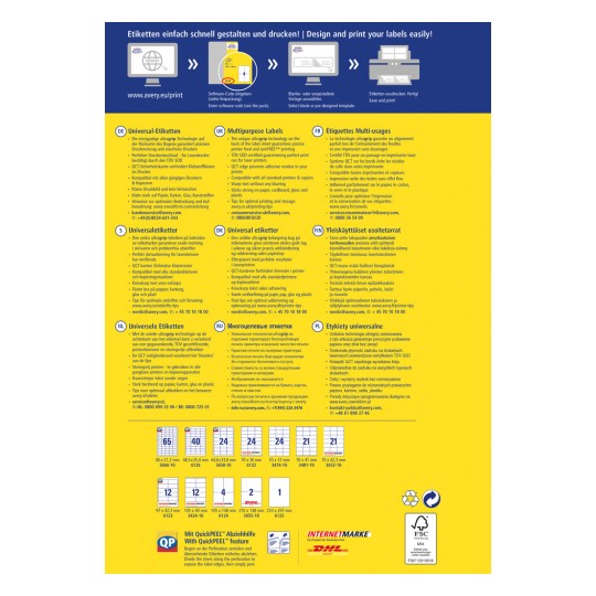Slika je večjezični vodnik za oblikovanje in tiskanje etiket znamke Avery, ki prikazuje različne vrste etiket, lastnosti in nasvete za tiskanje. Vsebuje informacije v več jezikih, kot so nemščina, angleščina, francoščina, finščina, nizozemščina, ruščina in poljščina.