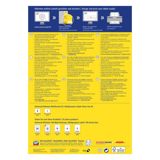 Slika je informativna grafika o izdelkih za tiskanje etiket podjetja Avery, ki vključuje navodila v različnih jezikih, specifikacije izdelkov in nasvete za oblikovanje za učinkovito tiskanje etiket.