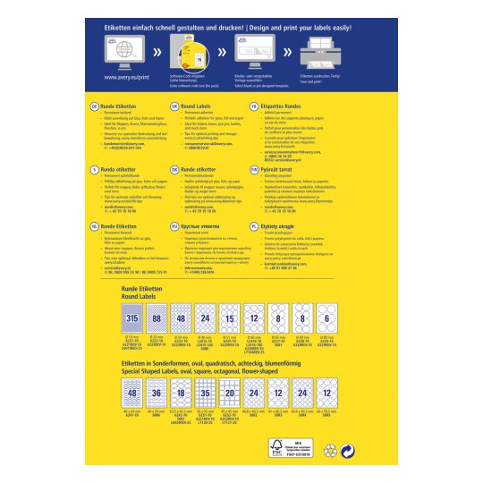 Slika vsebuje informacije o različnih vrstah etiket, ki so na voljo za oblikovanje in tiskanje, vključno z okroglimi etiketami in etiketami posebnih oblik. Vsebuje besedilo v več jezikih, smernice za optimalno uporabo in tabelo vrst etiket z velikostmi.