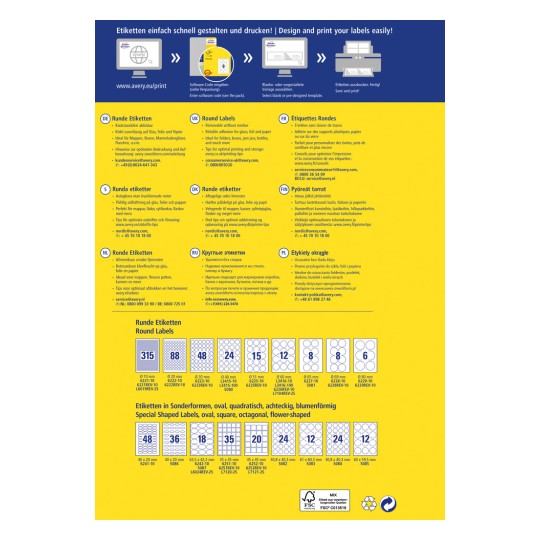 Slika prikazuje oblikovanje nalepk in navodila za tiskanje iz Averyja, z različnimi vrstami okroglih in posebej oblikovanih nalepk, s podrobnostmi o velikostih in kontaktnimi informacijami v več jezikih.