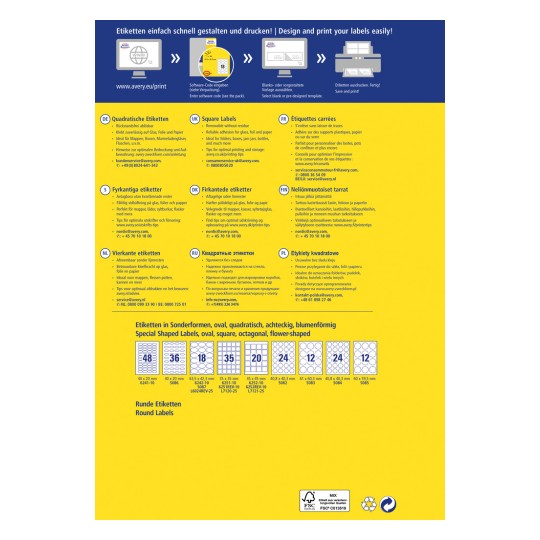 Slika vsebuje zasnovo etikete in navodila za tiskanje iz Averyja, ki prikazujejo različne oblike in velikosti etiket, z navodili v različnih jezikih.