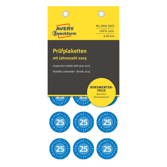 Embalažna slika: Avery Zweckform Non A4 pregledne nalepke, Artikel: 6945-2025, Format: ⌀ 20 mm, Vsebina: 120 preglednih nalepk / 8 listov, 15 preglednih nalepk/list?