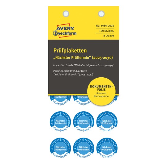 Slika embalaže: Avery Zweckform Ne A4 Pregledne nalepke, Artikel: 6989-2025, Format: ⌀ 20 mm, Vsebina: 120 preglednih nalepk / 8 listov, 15 preglednih nalepk/list.