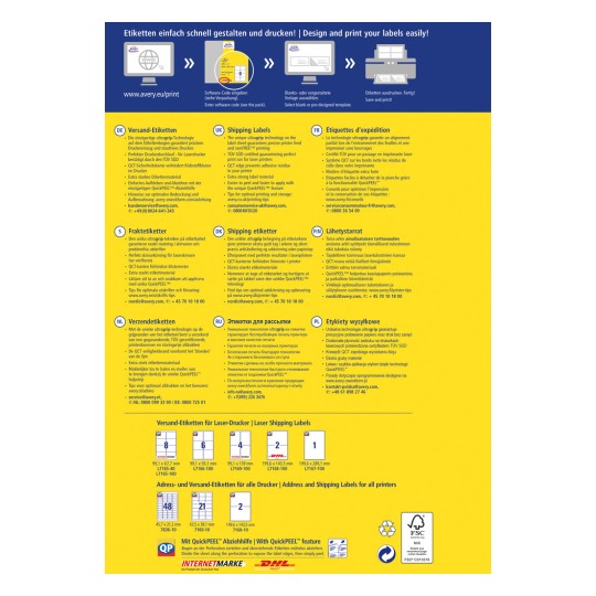 Slika je večjezična brošura za Averyjeve poštne nalepke, ki opisuje lastnosti, kot so enostavno oblikovanje nalepk, navodila za tiskanje in funkcija QuickPEEL. Vsebuje različne odseke v različnih jezikih, ki prikazujejo dimenzije nalepk in informacije o združljivosti.