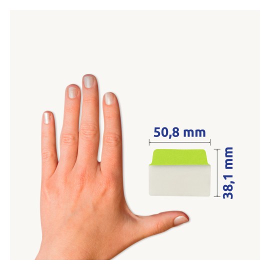 Slika prikazuje roko z urejenimi nohti poleg belega predmeta z zelenim vrhom, poleg katerega so označene mere 50,8 mm in 38,1 mm.