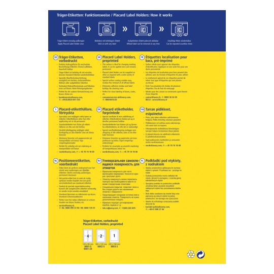 Slika je informativni plakat o nosilcih etiket, ki podrobno opisuje njihove lastnosti, funkcionalnosti in uporabe v več jezikih, vključno z nemščino, angleščino, francoščino, danščino, finščino, nizozemščino, ruščino in poljščino.