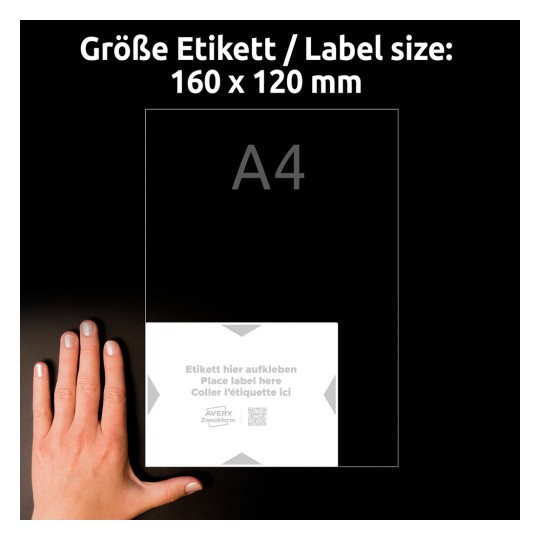 Slika prikazuje nalepko velikosti 160 x 120 mm z navodili za namestitev nalepke. Roka je postavljena blizu nalepke, da pokaže velikost. Besedilo vključuje prevode v nemščino in francoščino ter logotip.