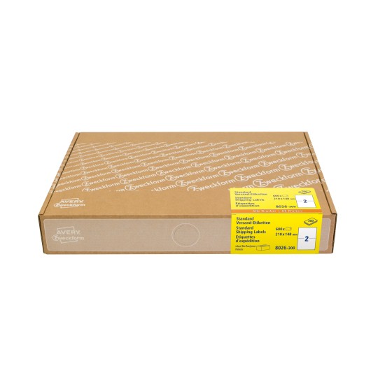 Slika embalaže: Avery Zweckform poštni nalepki, veliko pakiranje, artikel: 8026-300, format: 210 x 148 mm, primerni za tiskanje: brizgalni tiskalnik, črno-beli laserski tiskalnik, barvni laserski tiskalnik, vsebina: 600 nalepk / 300 listov, 2 nalepki/list.