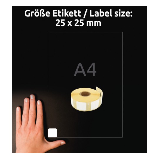 Primerjava velikosti z roko, Artikel: A1933083, en list nalepk na roli, format: 25 x 25 mm, barva: bela?