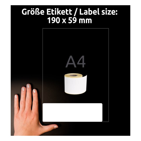 Slika prikazuje roko poleg zvitka etiket na temnem ozadju. Prikazuje velikost etikete 190 x 59 mm.