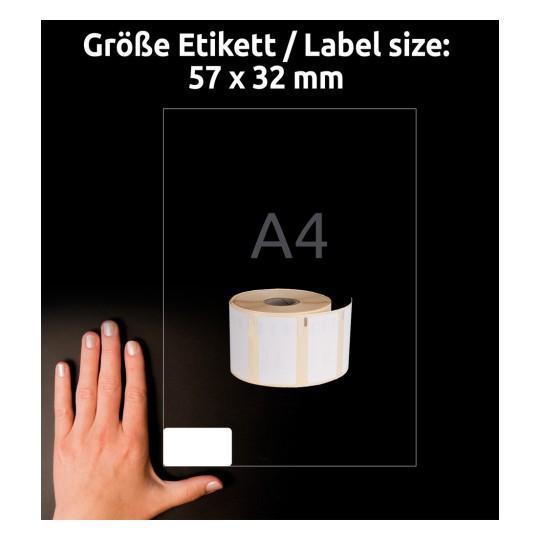 Slika prikazuje roko poleg zvitka praznih etiket, ki označujejo velikost etikete 57 x 32 mm in format A4.
