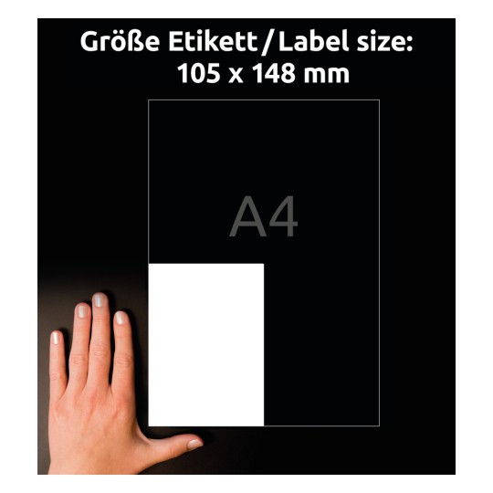 Primerjava velikosti z roko, artikel: B3483-50, en list ultra odpornih folijskih nalepk, format: 105 x 148 mm, barva: bela?