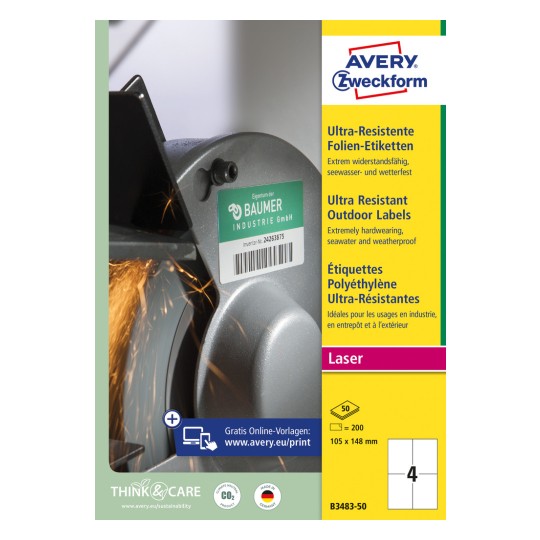 Slika na embalaži: Avery Zweckform ultra odporne zunanje etikete, Izdelek: B3483-50, Format: 105 x 148 mm, Tiskalniška primernost: laserski črno/beli, barvni laser, Vsebina: 200 etiket / 50 pol, 4 etikete/pol.