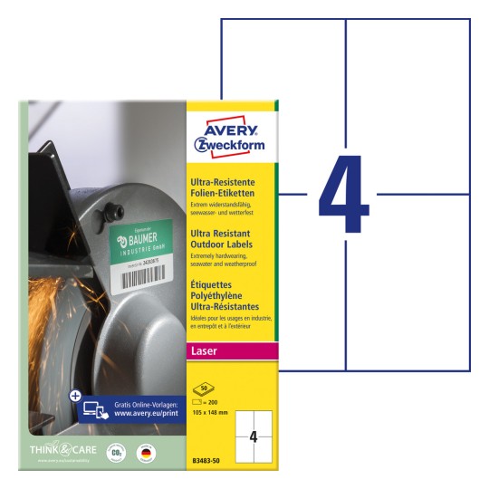 Slika pakiranja z etiketo: Avery Zweckform ultraodporne folijske etikete, artikel: B3483-50, format: 105 x 148 mm, primerno za tiskanje: črno-beli laserski tiskalnik, barvni laserski tiskalnik, vsebina: 200 etiket / 50 listov, 4 etikete/ list.