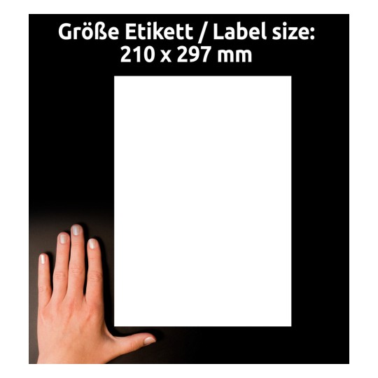 Primerjava velikosti z roko, Artikel: B4775-50, en list ultraodpornih folij nalepk, format: 210 x 297 mm, barva: bela?