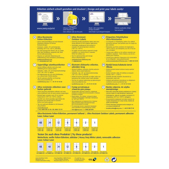 Slika prikazuje informacije o ultra odpornih zunanjih etiketah, vključno s podrobnostmi o njihovih lastnostih, uporabah in kontaktnimi informacijami za podporo v več jezikih.