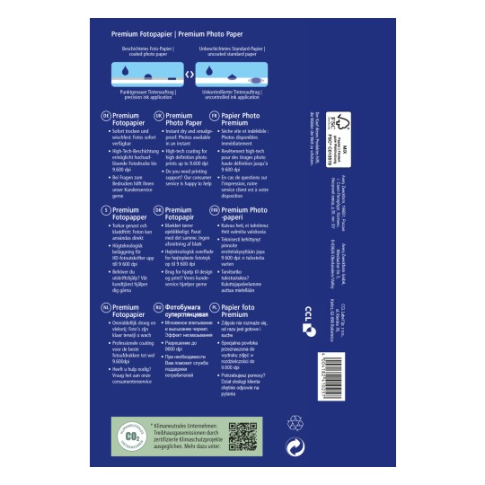 Slika prikazuje embalažo za vrhunski fotografski papir, ki podrobno opisuje njegove značilnosti v več jezikih, vključno z možnostjo takojšnjega tiskanja, visokotehnološkim premazom za visoko ločljivost in podporo strankam.