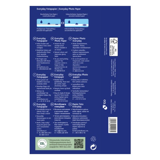 Slika prikazuje informacije o embalaži za 'Everyday Photo Paper' v več jezikih, izpostavljajoč značilnosti, kot so takojšnje sušenje, naravne barve in kontakti za podporo strankam.
