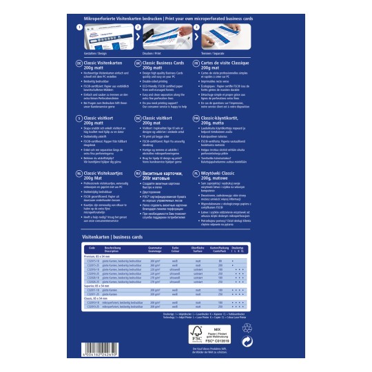 Slika prikazuje vodič za tiskanje mikro-perforiranih vizitk. Vključuje informacije v več jezikih o specifikacijah kartic, lastnostih in možnostih tiskanja.