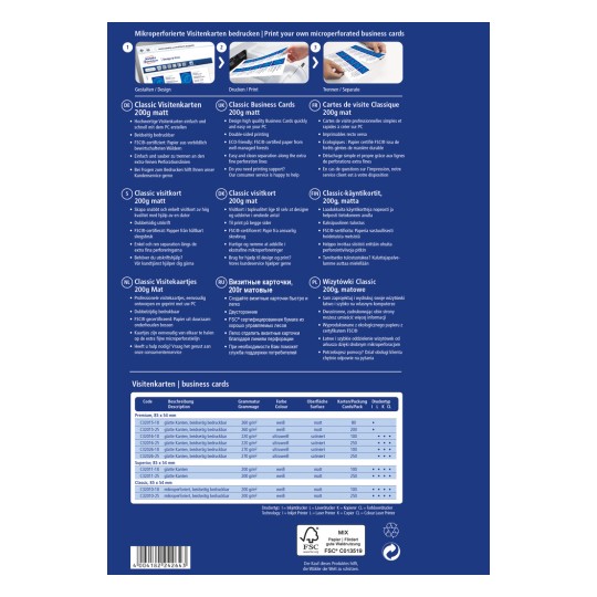 Slika vsebuje informacije o mikroperforiranih vizitkah, vključno z možnostmi tiskanja, specifikacijami v več jezikih ter opisi vrst in lastnosti kartic.