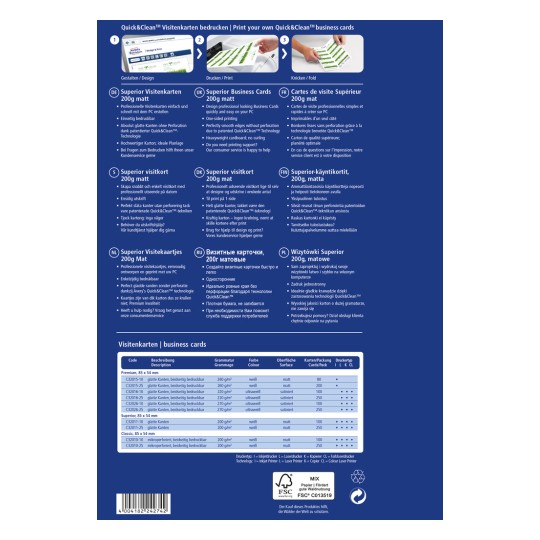 Slika vsebuje informacije o vizitkah Quick&Clean, vključno s specifikacijami, podrobnostmi o tisku ter opisi v različnih jezikih glede lastnosti in prednosti izdelka.