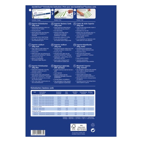 Slika je vodič izdelka za poslovne vizitke Quick&Clean, ki vsebuje podrobnosti o možnostih tiska, materialih, dimenzijah in različnih jezikih. Izpostavlja tehnične specifikacije izdelka in ponuja navodila za oblikovanje in tiskanje vizitk doma.