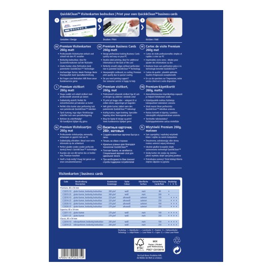Slika vsebuje informacije o poslovnih vizitkah Quick&Clean, ki opisujejo njihove lastnosti, specifikacije in prevode v različne jezike. Izpostavlja možnosti tiskanja, uporabljene materiale in ponuja primerjavo različnih vrst poslovnih vizitk in njihovih značilnosti.