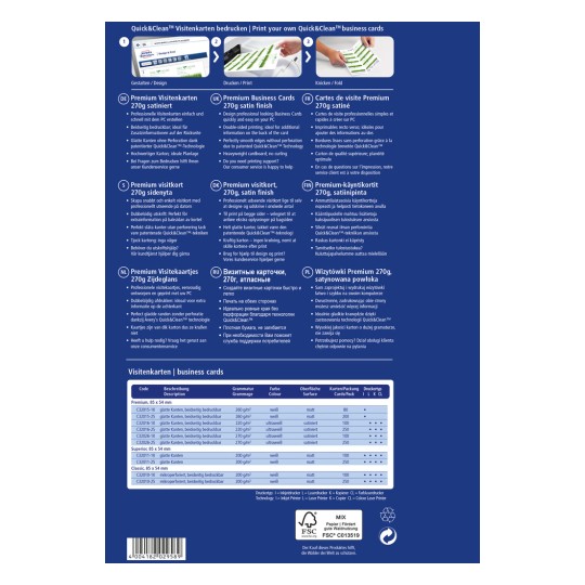 Ta slika prikazuje informacije o poslovnih vizitkah Quick&Clean, vključno s specifikacijami tiska, materiali in oblikovalskimi možnostmi, ki so na voljo v več jezikih.